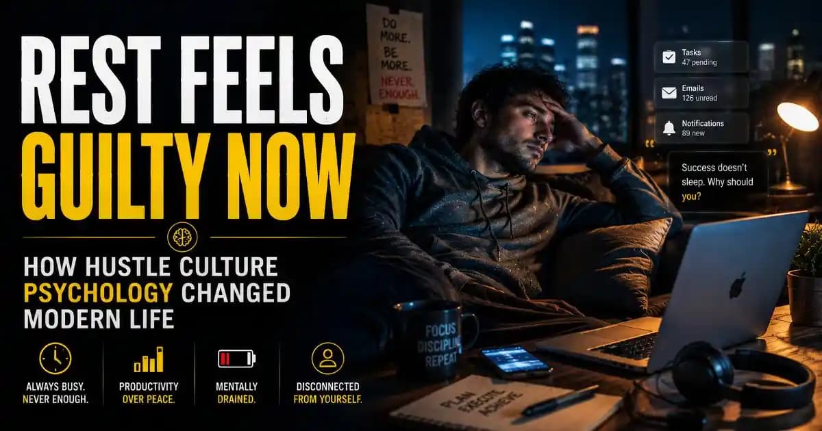 An emotionally exhausted adult sitting alone at night beside a glowing laptop and smartphone while struggling to relax in a dim modern apartment
