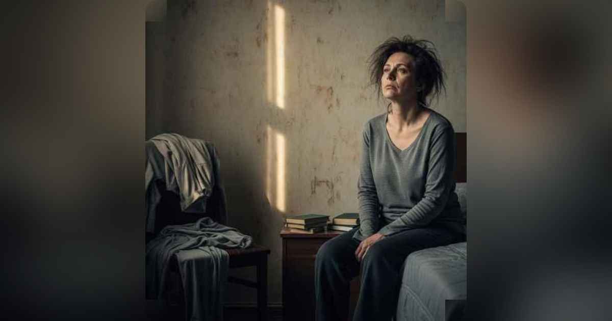 Person sitting on a bed in a dimly lit room, staring blankly at the wall