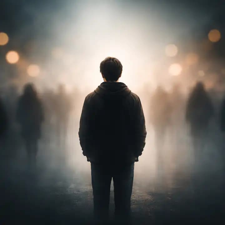 Person standing alone in a crowd, symbolizing an identity crisis