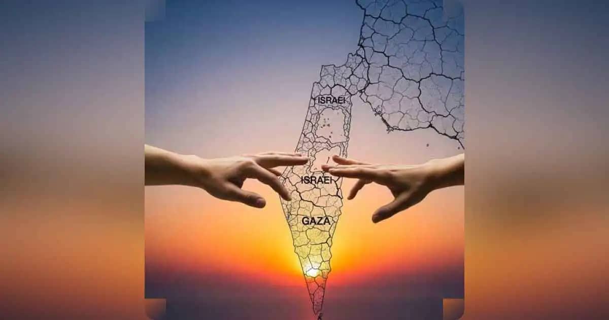 Hands reaching across a fractured map of Israel and Gaza under sunset