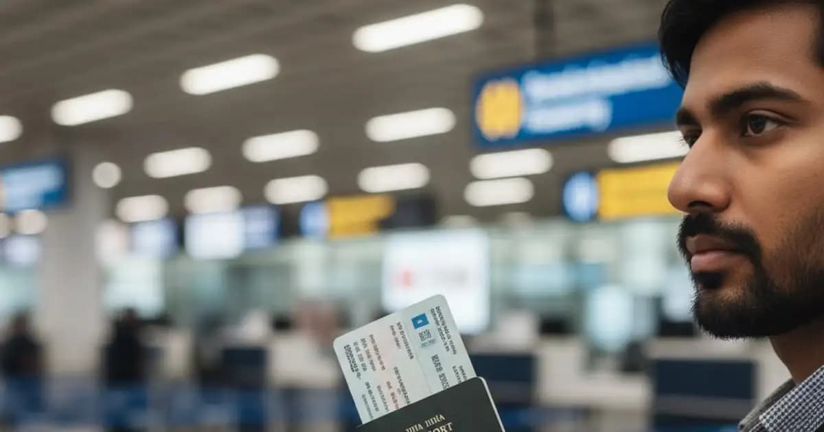 Indian traveler holding an e-Passport at an international airport