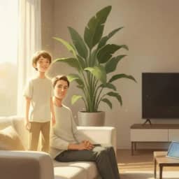 Adult calmly connecting with their inner child in a peaceful modern room