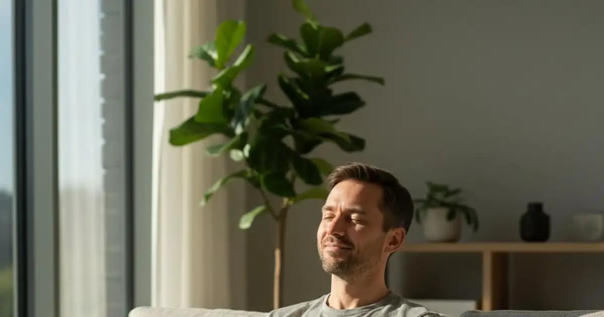 Calm adult reflecting peacefully in a modern living room