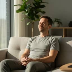 Calm adult reflecting peacefully in a modern living room
