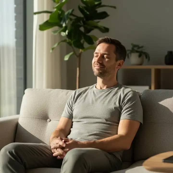 Calm adult reflecting peacefully in a modern living room