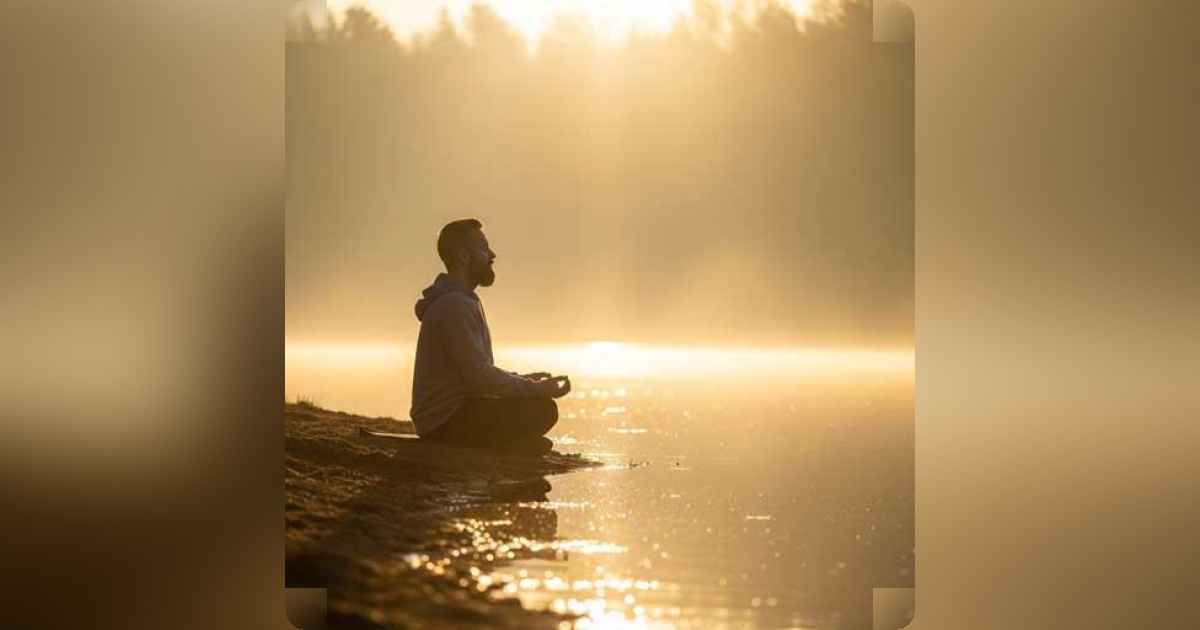 Person meditating alone by calm water at sunrise