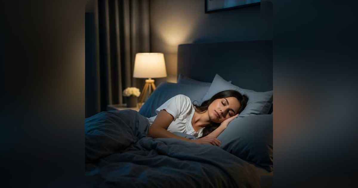 A person peacefully sleeping in a dark, cozy room with soft lighting