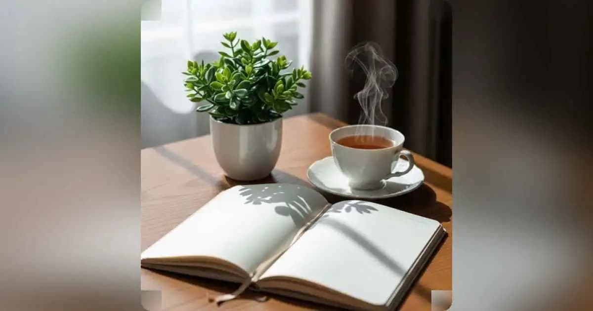 Minimalist journaling setup with open notebook, tea, and plant.