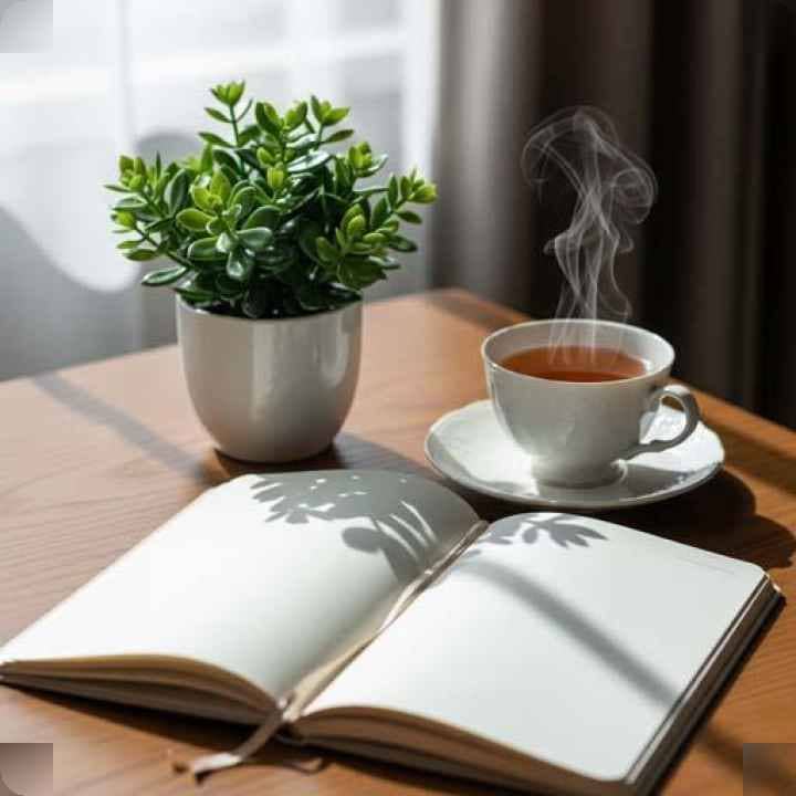 खुली नोटबुक, चाय और पौधे के साथ न्यूनतम जर्नलिंग सेटअप।