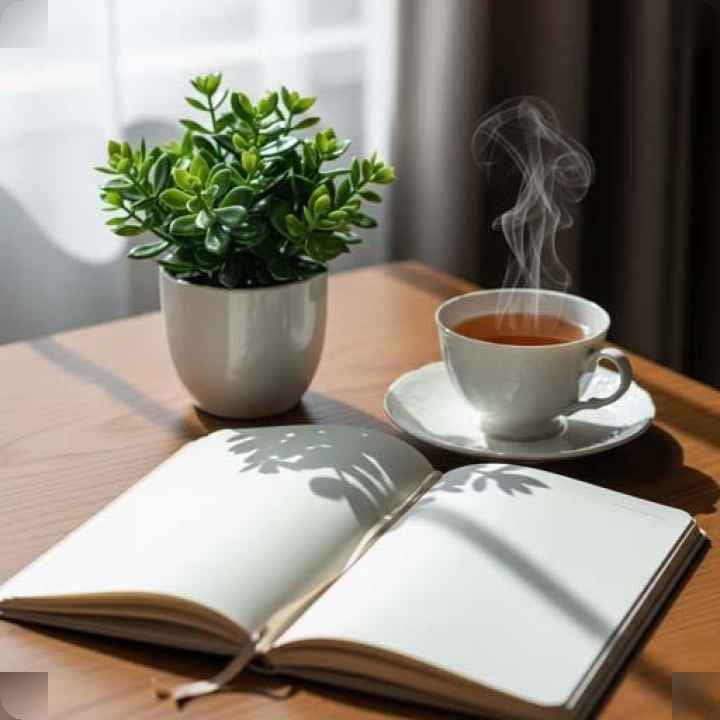 Minimalist journaling setup with open notebook, tea, and plant.