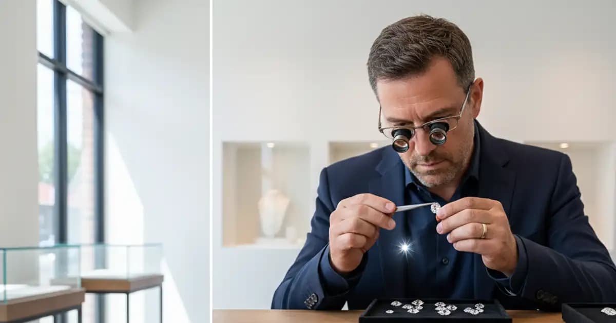 Jeweler examining a lab-grown diamond in a modern showroom