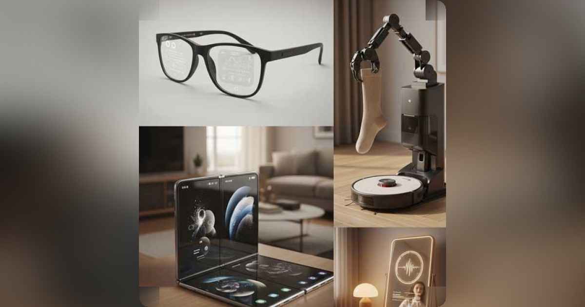 Collage of futuristic gadgets-smart glasses, robotic vacuum, foldable phone