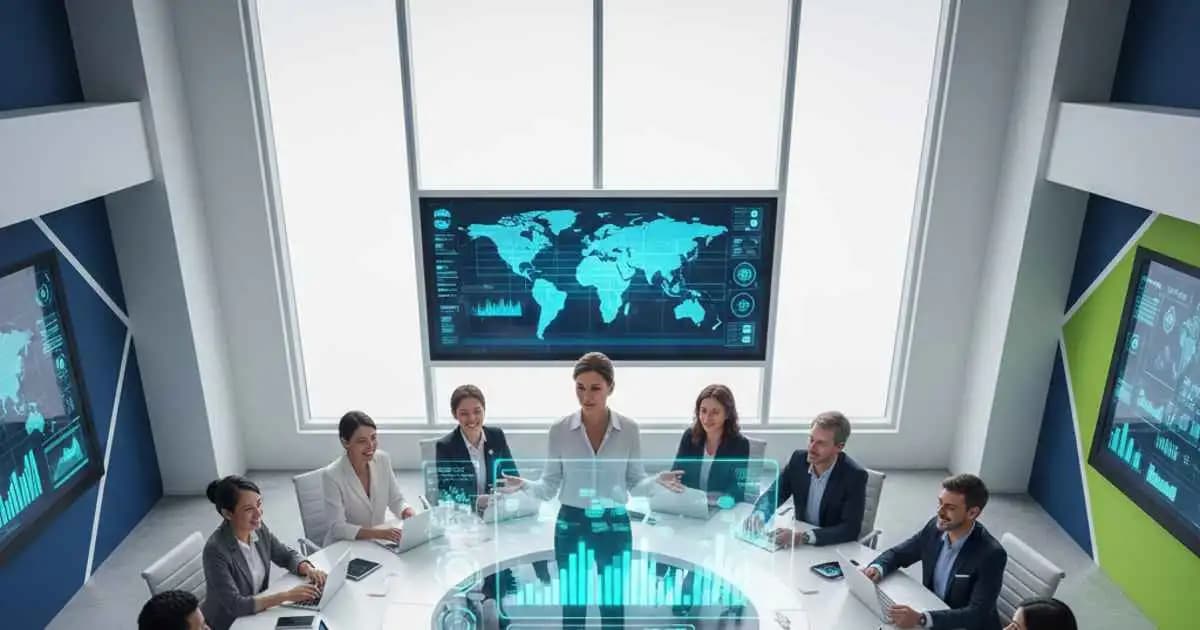 Modern office meeting with team collaborating and leader guiding