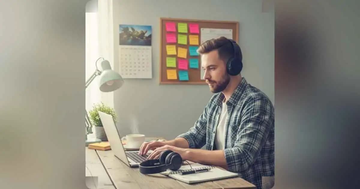 Young freelancer at home, working on a laptop with coffee, notebooks, and headphones.