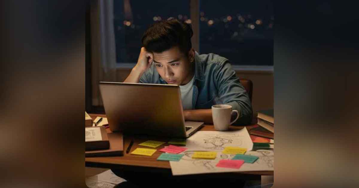 Person learning a new skill on laptop at night, feeling inspired