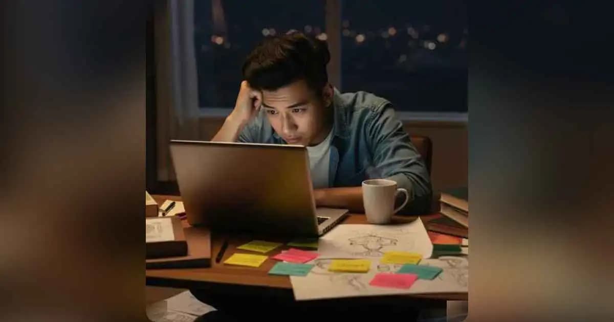 Person learning a new skill on laptop at night, feeling inspired