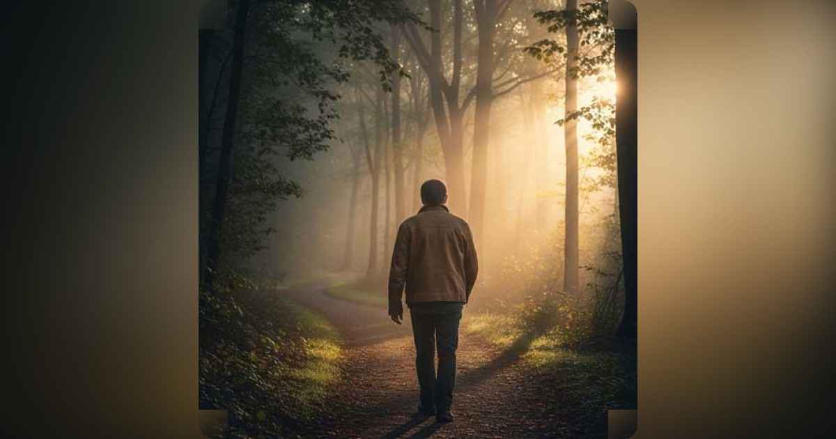 A person walking a winding path through a misty forest, symbolizing life choices