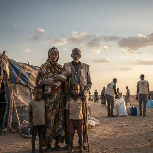 Displaced Sudanese family receiving humanitarian aid under warm sunlight