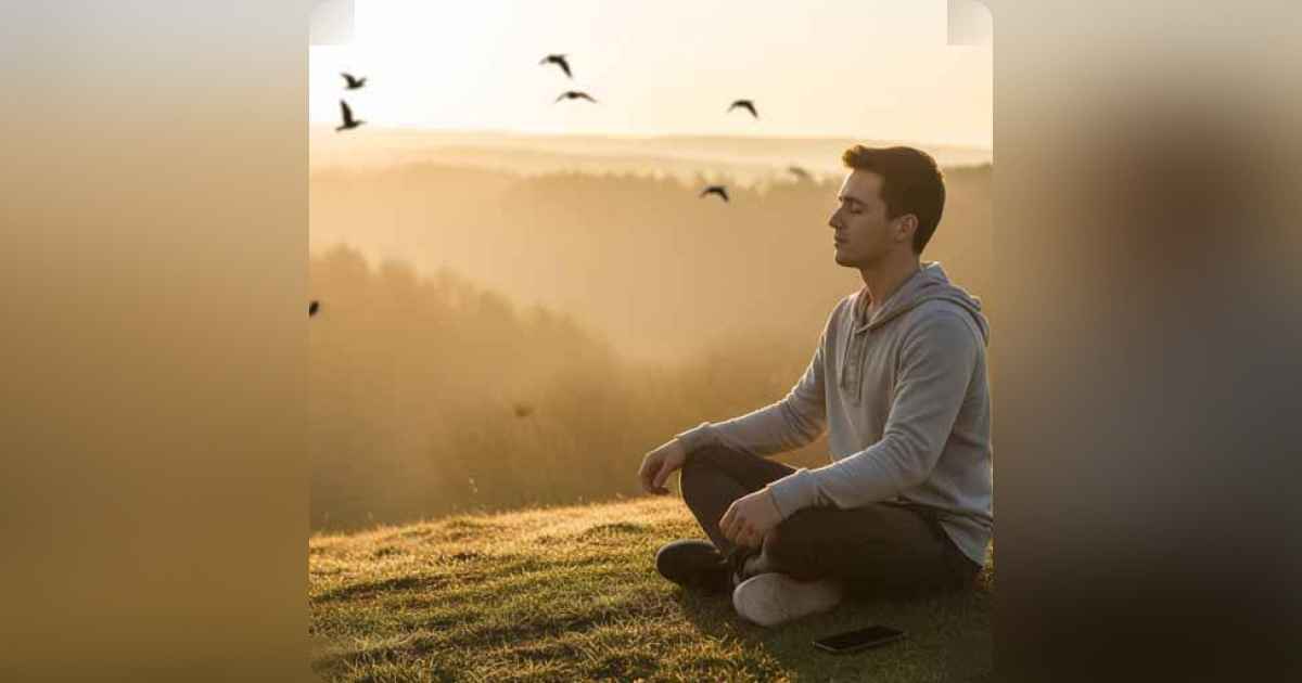 A person sitting peacefully with closed eyes in nature, phone placed face-down beside them.