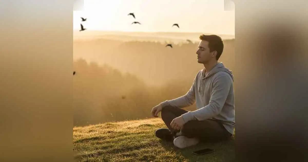 A person sitting peacefully with closed eyes in nature, phone placed face-down beside them.