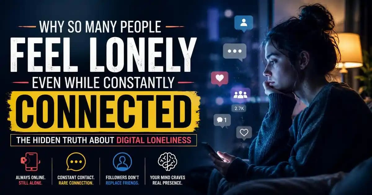 A young adult sitting alone in a dark room illuminated by a smartphone screen while endless notifications and social media icons float around them