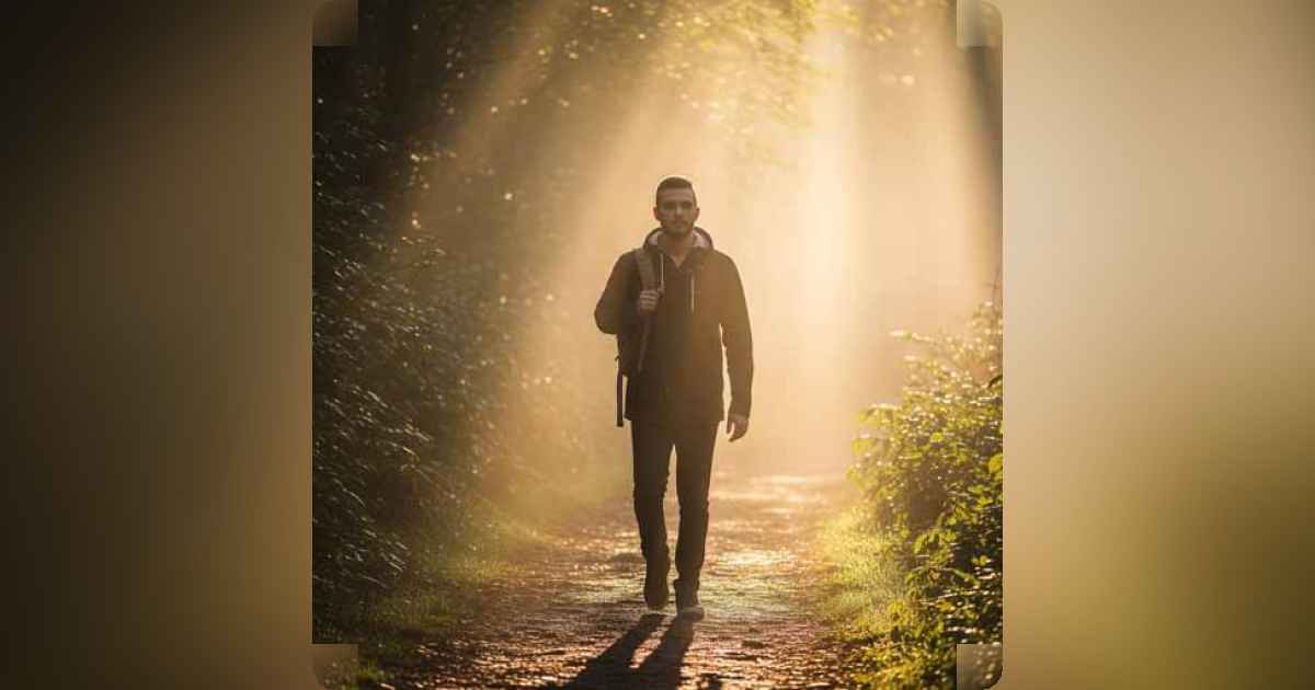 A person standing on a foggy path in nature, with light breaking through the trees ahead, symbolizing clarity and direction.