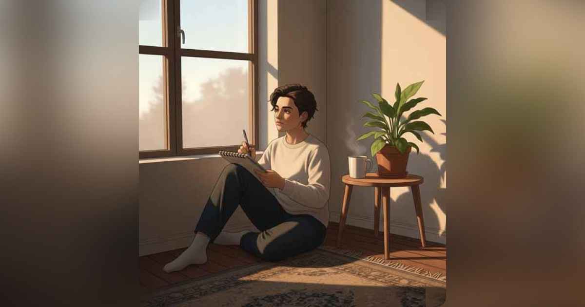 A creative sitting by a sunlit window with a sketchpad, reflecting calmly-symbolizing intentional rest, clarity, and creative rebirth.
