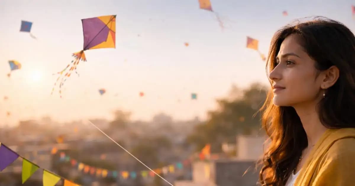 Person holding a kite during Makar Sankranti on a sunlit rooftop