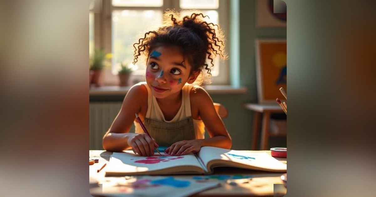 Artist immersed in creating colorful artwork in a cozy, vibrant studio