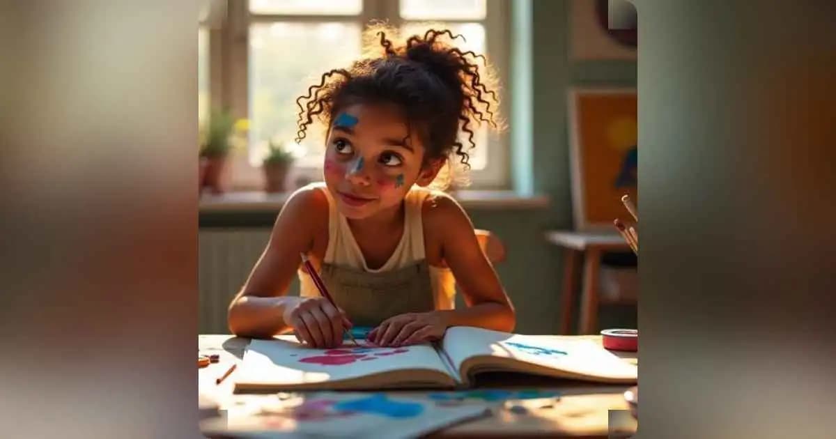 Artist immersed in creating colorful artwork in a cozy, vibrant studio