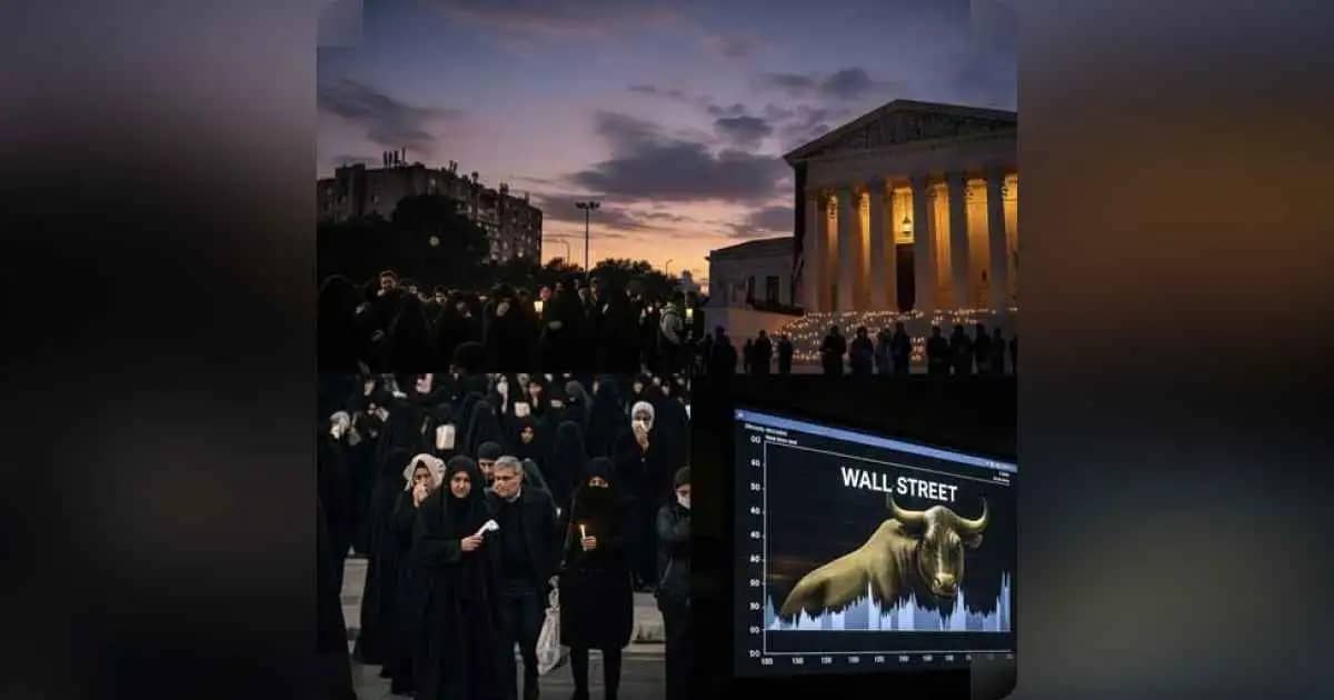 Smoke over Middle East skyline, U.S. Capitol, and stock market graph
