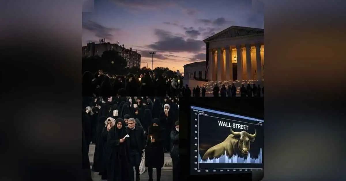 Smoke over Middle East skyline, U.S. Capitol, and stock market graph