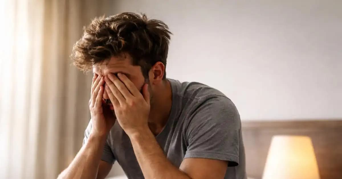 Person sitting on bed looking exhausted just after waking up