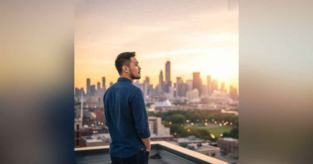 अमेरिकी शहर के बीच एक चिंतनशील व्यक्ति जो बदलाव और व्यक्तिगत विकास का प्रतीक है