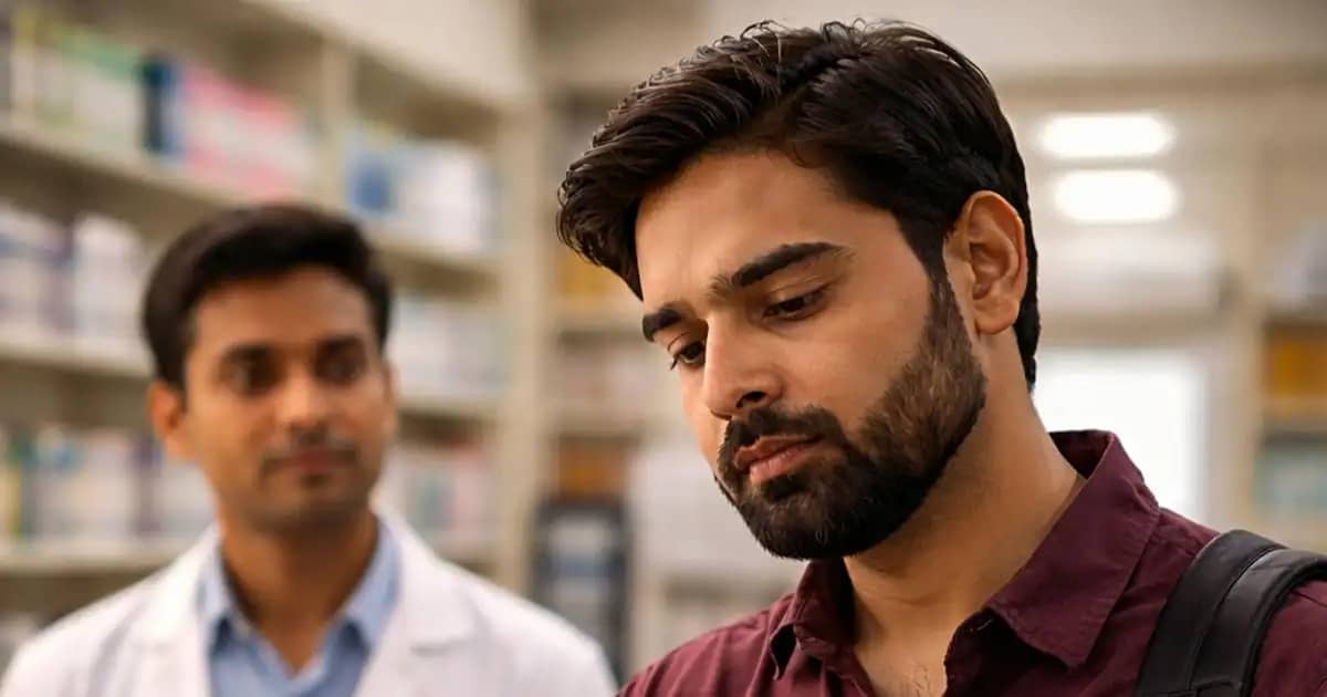 Man checking painkiller dosage at pharmacy