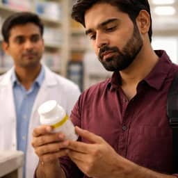 Man checking painkiller dosage at pharmacy