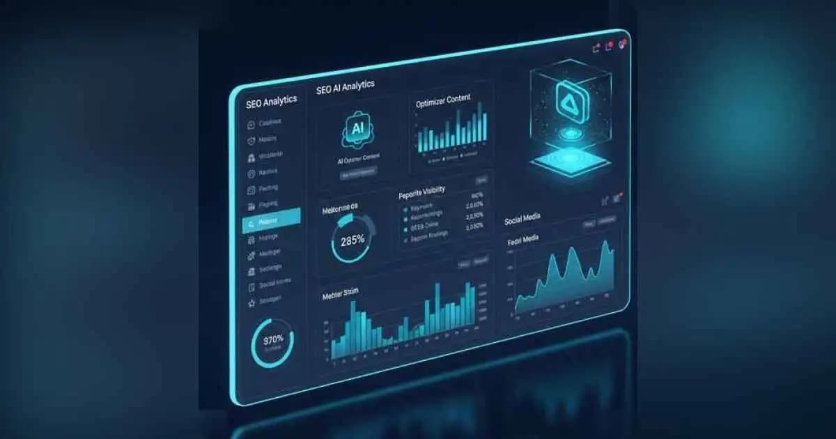 Illustration of SEO tools boosting digital presence in a futuristic web dashboard