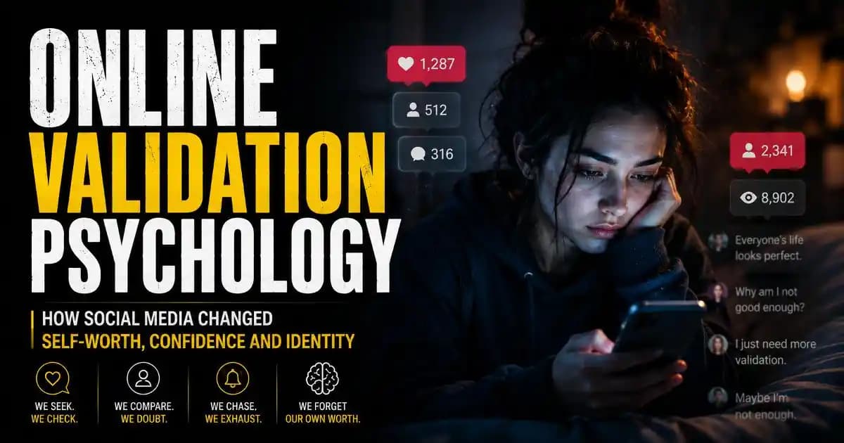 A young adult staring at a glowing smartphone late at night while social media notifications and engagement metrics reflect across their face in a dark modern room
