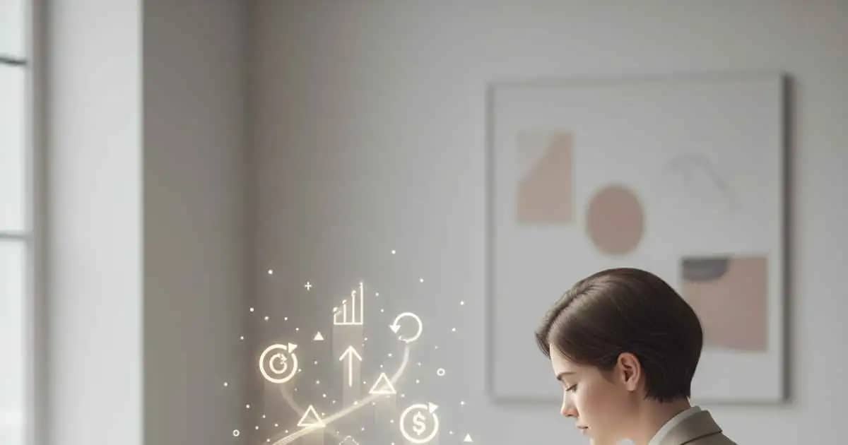 एक व्यक्ति पर्सनल डेवलपमेंट बुक पढ़ते हुए, आदतों और फोकस के प्रतीक उभरते हुए