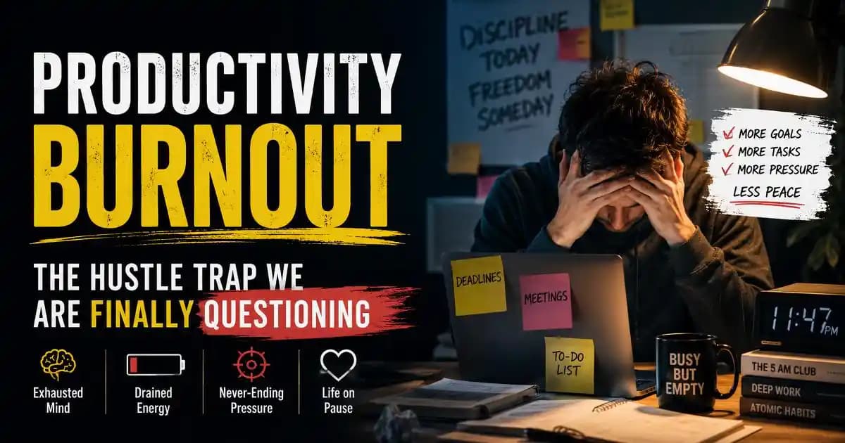 An emotionally exhausted remote worker sitting late at night in front of multiple screens while staring blankly at unfinished tasks and productivity apps
