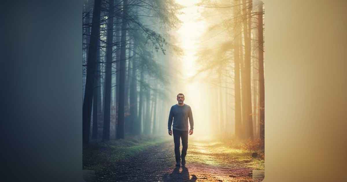 A person walking through a foggy forest path that clears into sunlight