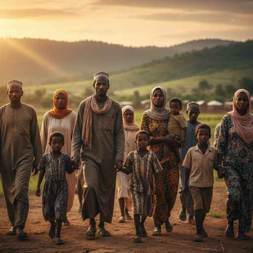 A group of diverse Sudanese individuals (adults and children) walking together towards a hopeful horizon, with warm, golden light hinting at a new dawn.