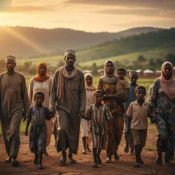 Un groupe diversifié de Soudanais (adultes et enfants) marchant ensemble vers un horizon d'espoir, avec une lumière dorée suggérant une nouvelle aube.