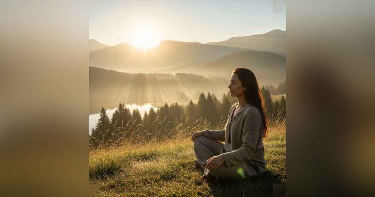 Person meditating peacefully in nature during sunrise