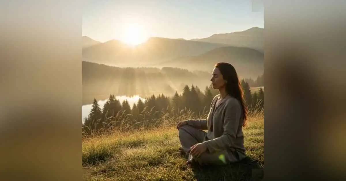 Person meditating peacefully in nature during sunrise