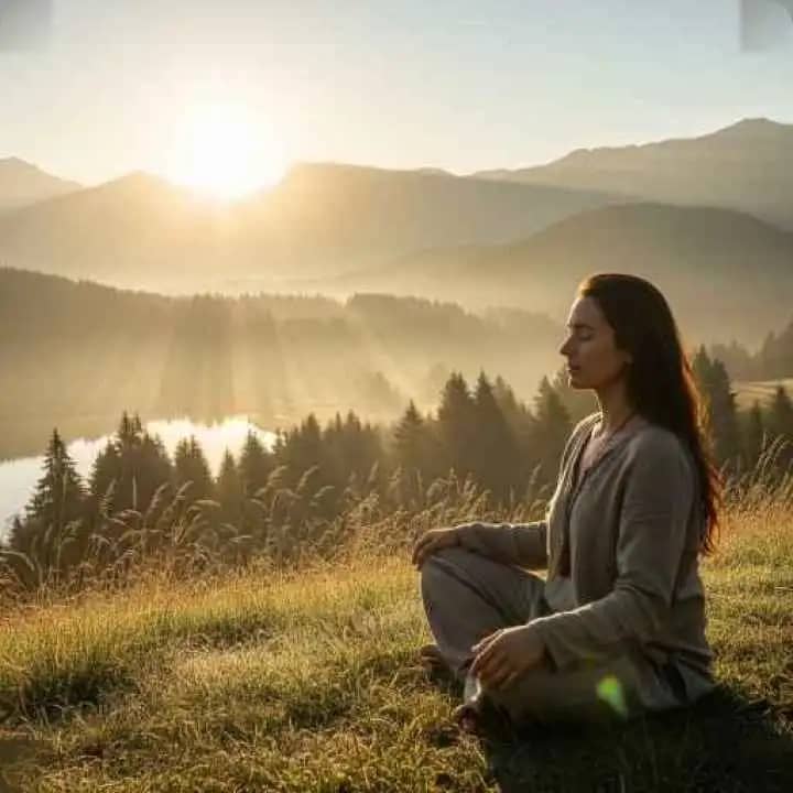सूर्योदय के समय प्रकृति में ध्यान करते व्यक्ति की शांत छवि