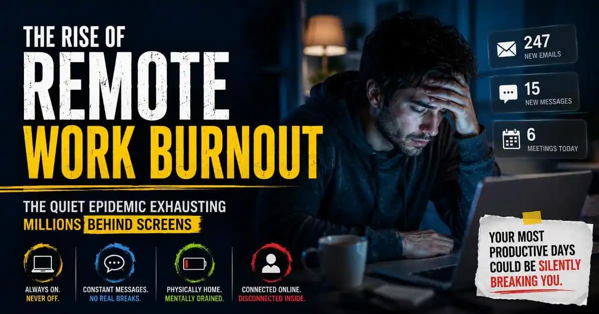 An emotionally exhausted remote worker sitting alone late at night in front of glowing laptop screens inside a dim apartment while surrounded by endless work notifications