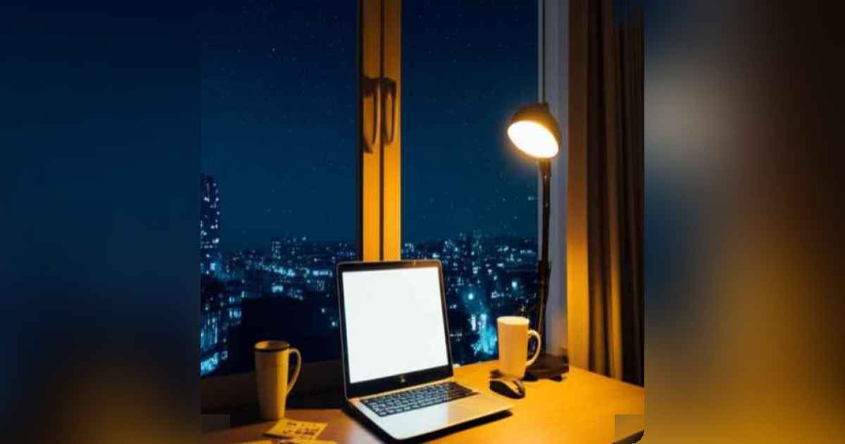 Side hustle worker at night desk, glowing laptop, creative chaos