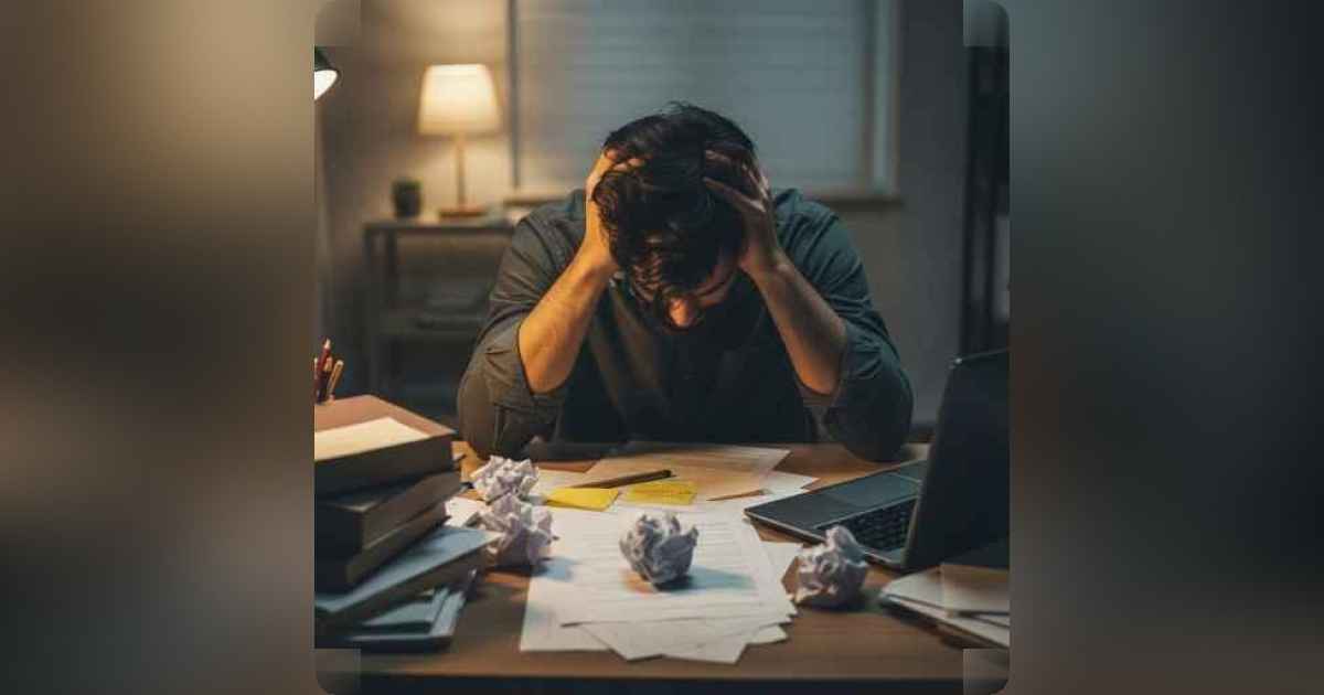 A person sitting at a desk with a closed laptop, looking frustrated and thoughtful