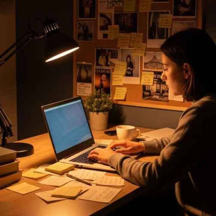 Personne travaillant tard le soir sur un ordinateur pour transformer un side hustle en side business